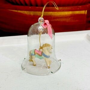 Vintage Glass Bell Ornament With Carousel Horse Pink Bow Made in Japan
